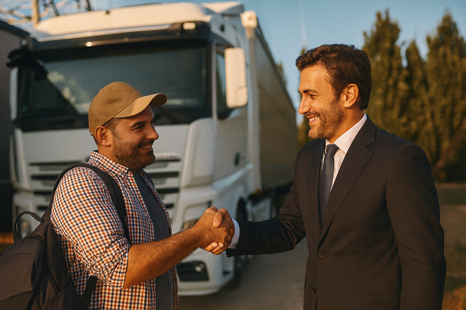 Conductor profesional estrechando la mano con empresario
